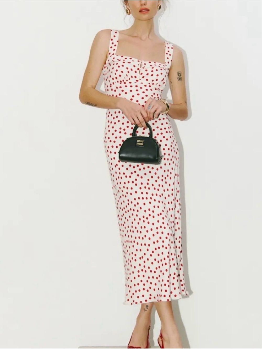 Reformation White Maxi Dress with Red Polka Dots